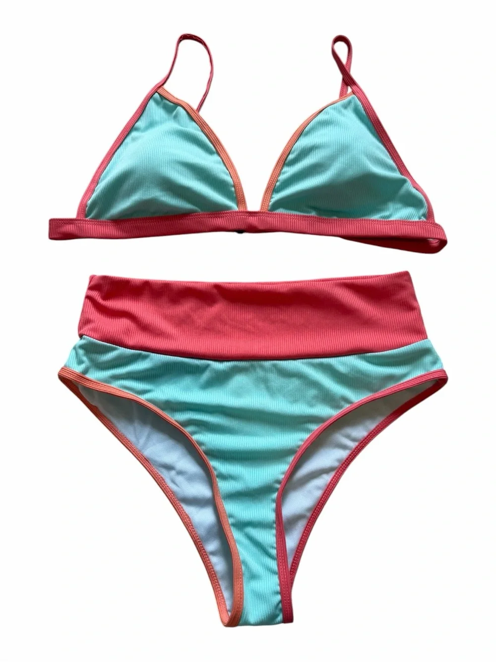 Colorblock High-Waist Bikini Set - Coral, Aqua & Peach